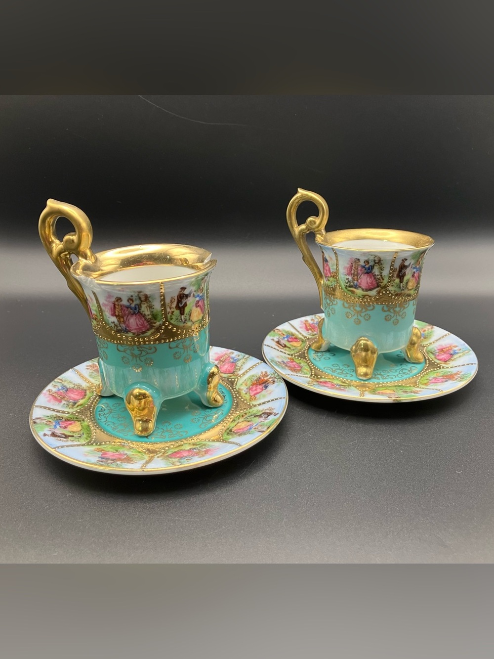 Teal Vintage Courting Couple Demitasse Cup & Saucer Double Set Chipped